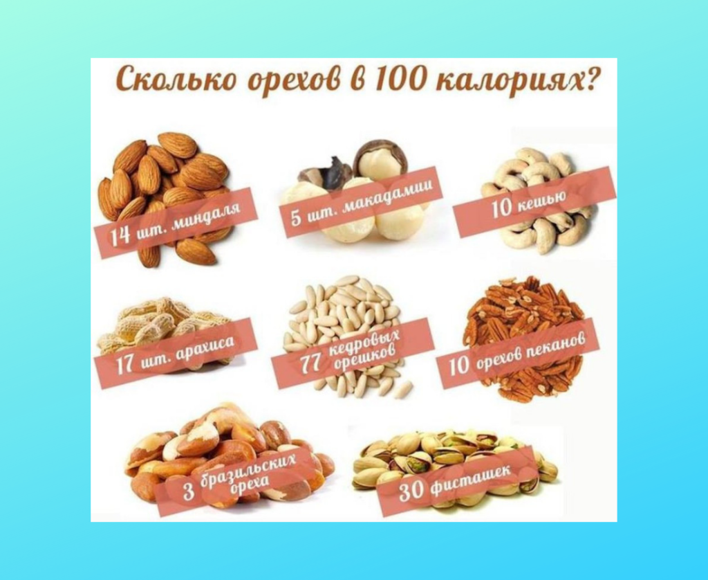Количество орехов в 100 калориях